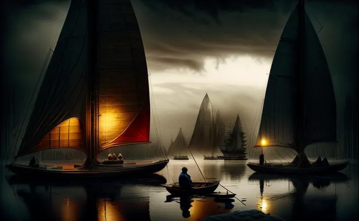 gloomy fisherman sits in a wooden boat,<lora:more_details:1><lora:XSArchi_127:1>
