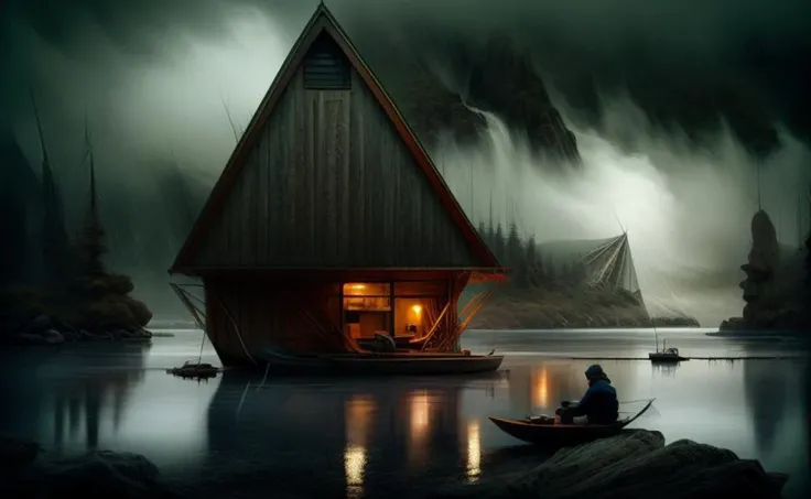 gloomy fisherman sits in a wooden boat,<lora:more_details:1><lora:XSArchi_127:1>