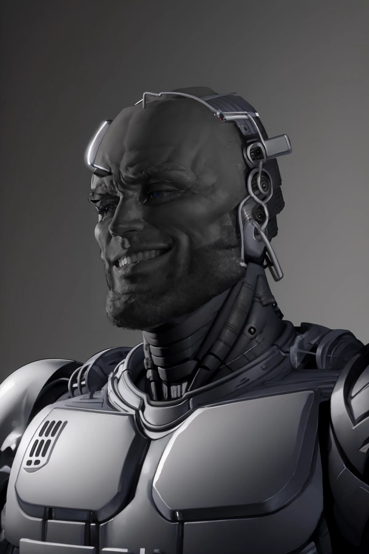 masterpiece, best quality, robocop, robot, (android:1.4), (chrome metal:1.4), (metal skin:1.4), titanium, shiny skin, upper body, portrait, IncursioGigaLookingLeft, smile, simple background, monochrome, greyscale <lora:UnmaskedRobocop:1> <lora:GigaChad_Looking_Left:1>