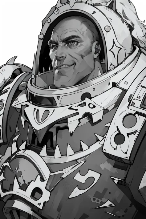 (masterpiece, best quality, absurdres, 4k, aesthetic, detailed, intricate),(masterpiece,best quality,absurdres,beautiful,aesthetic,detailed),close-up,incursiogigalookingleft,monochrome,greyscale,1boy,bald,horus,ascended,wolf,power armor,grin,teeth <lora:Horus MK1 by CARAXES:0.7> <lora:GigaChad_Looking_Left:1>
