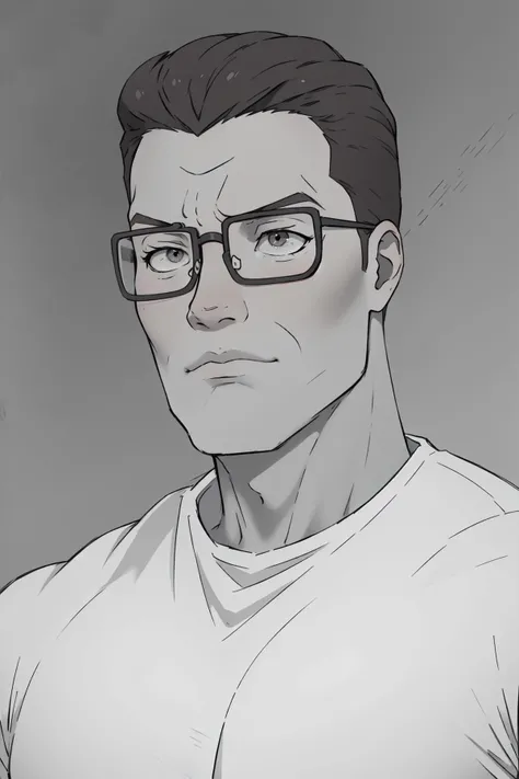 (masterpiece,best quality,absurdres,beautiful,aesthetic,detailed),1d illustration,close-up,incursiogigalookingleft,monochrome,greyscale,adult,male, hank hill,glasses,white shirt,frown <lora:GigaChad_Looking_Left:0.7> <lora:Hank_Hill_SD_1.5:1>