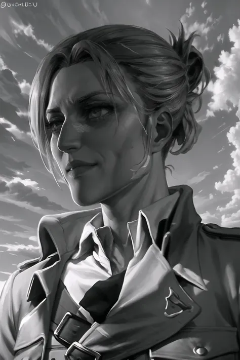 Highly detailed, High Quality, Masterpiece, beautiful, 1girl, IncursioGigaLookingLeft, monochrome, greyscale, <lora:GigaChad_Looking_Left:1>, annieaot, shingeki no kyojin, hair between eyes, short hair, paradis_military_uniform, jacket, uniform, military_uniform, <lora:Char_AOT_Annie:1>