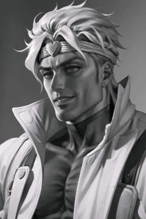 Highly detailed, High Quality, Masterpiece, beautiful, 1boy, IncursioGigaLookingLeft, monochrome, greyscale, <lora:GigaChad_Looking_Left:1>, Ricardo, bandana on the head, <lora:Char_Sigmas_RicardoMilos:0.9>