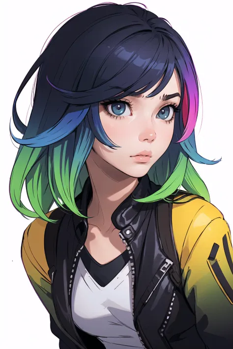 (masterpiece, top quality, best quality, official art, beautiful and aesthetic:1.2), (1girl:1.3), cool jacket, (gradient hair:1.4), (multicolored hair:1.3), medium length hair, windy, (colorful eyes:1.3), sad, upset, pouting, extremely detailed, colorful, (highly detailed CG illustration), (looking at viewer), cinematic light, solo, half body, (character focus), white background