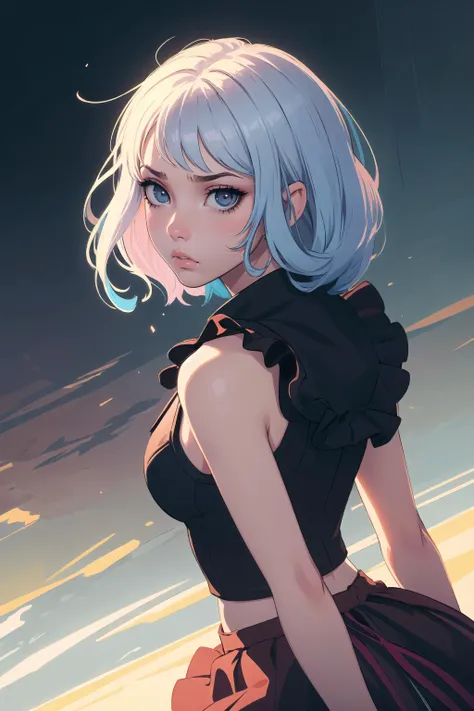 (masterpiece, top quality, best quality, official art, beautiful and aesthetic:1.2), (1girl:1.3), wearing skirt, from behind, (colorful eyes:1.3), pouty, upset, sad, extremely detailed, colorful, (highly detailed CG illustration), (looking at viewer), cinematic light, solo, half body, (character focus)
