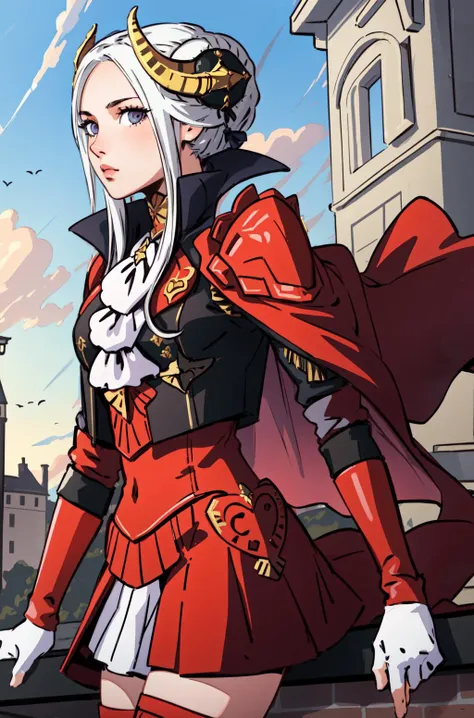 (masterpiece, top quality, best quality, official art, beautiful and aesthetic:1.2),
1girl, <lora:edelgard-nvwls-v1-final:0.8> edelgard_academy, hair ribbon, black jacket, black dress, ascot, red cape, red pantyhose, white gloves, high heels, edelgard_hopes, hair ribbon, hair ornament, armor, red cape, armored skirt, black gloves, armored legwear, edelgard_timeskip, crown, horns, red dress, red gloves, black boots,
extremely detailed, colorful, (highly detailed CG illustration), (looking at viewer), cinematic light, solo, half body, (character focus), outside
