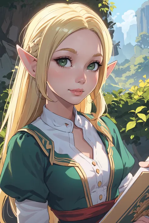 (masterpiece, top quality, best quality, official art, beautiful and aesthetic:1.2), (1girl:1.3), (wearing natural dress), (blonde hair:1.4), (green eyes:1.3), (elf ears:1.4), (happy), (half smile), extremely detailed, colorful, (highly detailed CG illustration), (looking at viewer), cinematic light, solo, half body, (character focus), outside, in nature