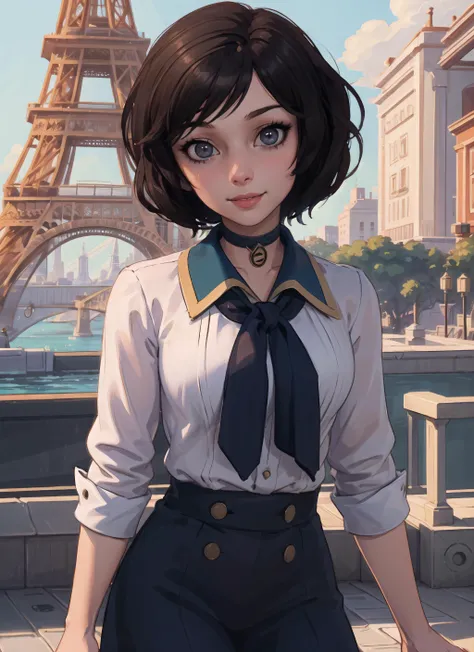 (masterpiece, top quality, best quality, official art, beautiful and aesthetic:1.2), (1girl:1.3), bioshockelizabeth, black choker, medium close up, seductive smile, looking at viewer, standing in front of Eiffel tower, extremely detailed, colorful, (highly detailed CG illustration), (looking at viewer), cinematic light, solo, half body, (character focus) <lora:bioshockelizabeth:.5>