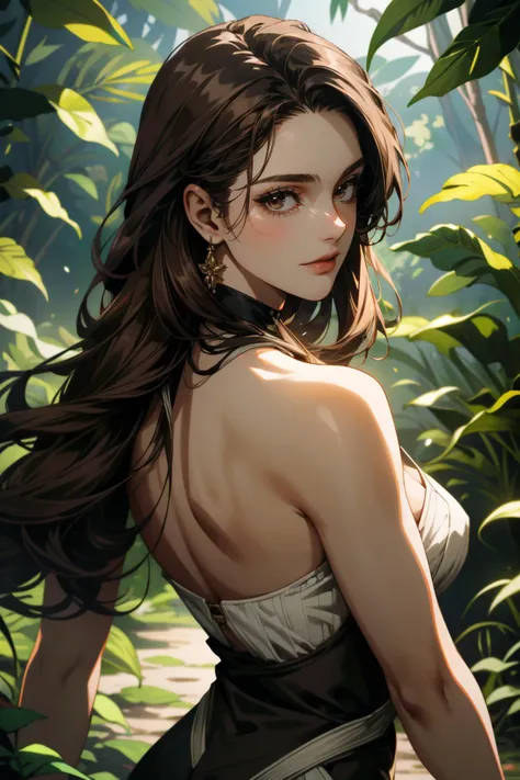 ((ultra detailed, masterpiece, absurdres))
 <lora:DBHNorth:0.8>
DBHNorth, 1girl, long hair, brown hair, in a lush jungle with vibrant flowers, from behind, looking back