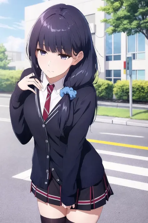 masterpiece, best quality, hdr, realistic, chromatic aberration,
gundou misuzu, teenage, 
from below, 
expressionless, empty eyes, messy hair, (hair strand:1.3), 
blue scrunchie, black skirt, black socks, v-neck, red necktie, blue cardigan, 
1girl, solo,
mksks style, detailed background, outdoors