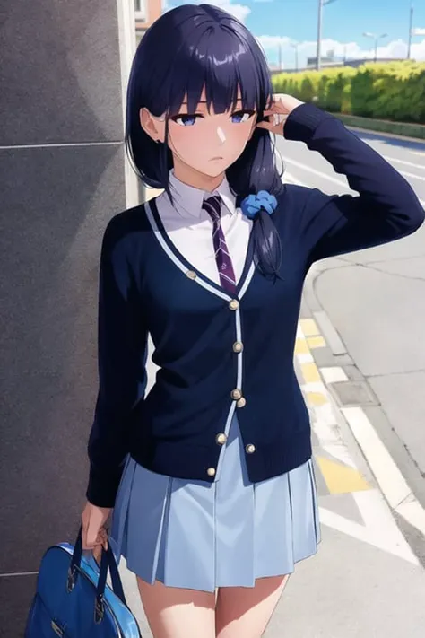 masterpiece, best quality, hdr, realistic, chromatic aberration,
gundou misuzu, teenage, 
(wariza:1.2), from above, 
expressionless, empty eyes, messy hair, hair strand, 
blue scrunchie, long blue skirt, v-neck, necktie, blue cardigan, 
1girl, solo, cowboy shot,
detailed background, outdoors