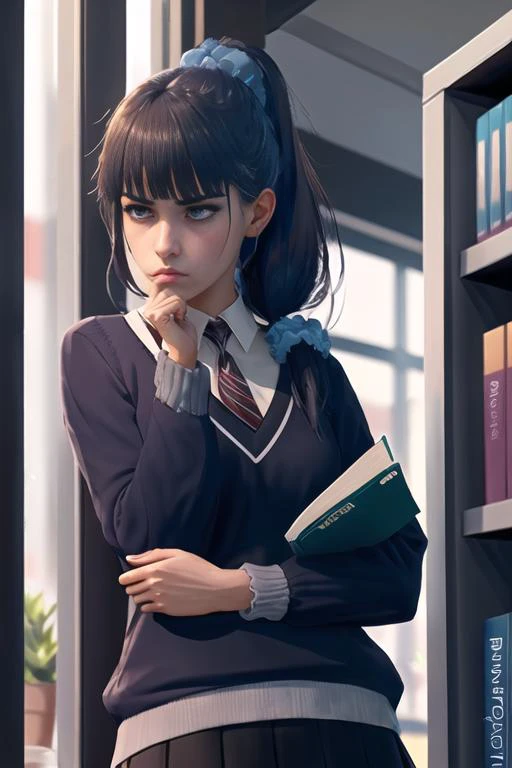 masterpiece, best quality, hdr, realistic, chromatic aberration, 1girl, solo, (gundou_misuzu), (shaded face), low ponytail, hair over shoulder, ((single sidelock)), hair scrunchie, blue scrunchie, skirt, sweater, angry, ((disgust)), reading a book,  closed up, library,
 <lora:TsumasakyGundouMisuzuTomo_v1Locon:0.9>