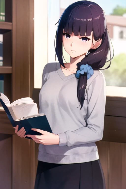 masterpiece, best quality, hdr, realistic, chromatic aberration,, 1girl, solo, (gundou_misuzu), (shaded face), low ponytail, hair over shoulder, single sidelock, hair scrunchie, blue scrunchie, skirt, sweater, annoyed, reading a book, library
 <lora:TsumasakyGundouMisuzuTomo_v1Locon:1>