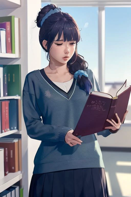 masterpiece, best quality, hdr, realistic, chromatic aberration, 1girl, solo, (gundou_misuzu), (shaded face), low ponytail, hair over shoulder, ((single sidelock)), hair scrunchie, blue scrunchie, skirt, sweater, angry, ((disgust)), reading a book,  closed up, library,
 <lora:TsumasakyGundouMisuzuTomo_v1Locon:0.9>