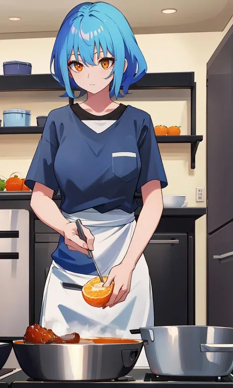 <lora:Chiharu:0.5>, 1girl, high quality, highres, masterpiece, best quality, kitchen, cooking, blue hair, orange eyes, black shirt, restaurant,