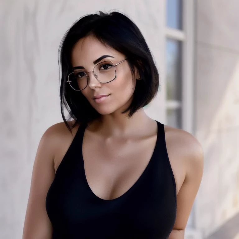 photography portrait of 1woman <lora:Agathe_Auproux:1>, glasses, (wearing black tank:1.2), (perfect dress), outside, detailed skin, soft light, 8K, flonix_better
