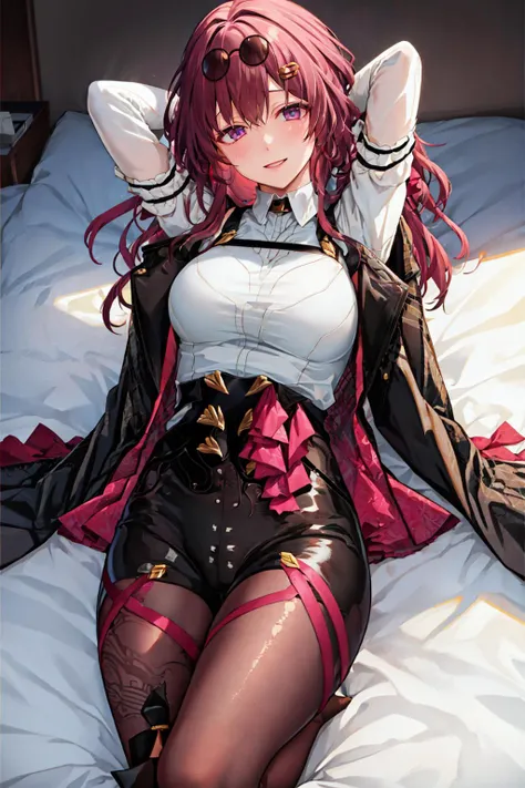 masterpiece, best quality,  <lora:kafka-nvwls-v1-final:0.9> kafka, purple eyes, sunglasses on head, black jacket, collared shirt, black shorts, pantyhose, seiza, bed, arms behind head, smile <lora:Giuniu-Locon-style-v1-000103:1>