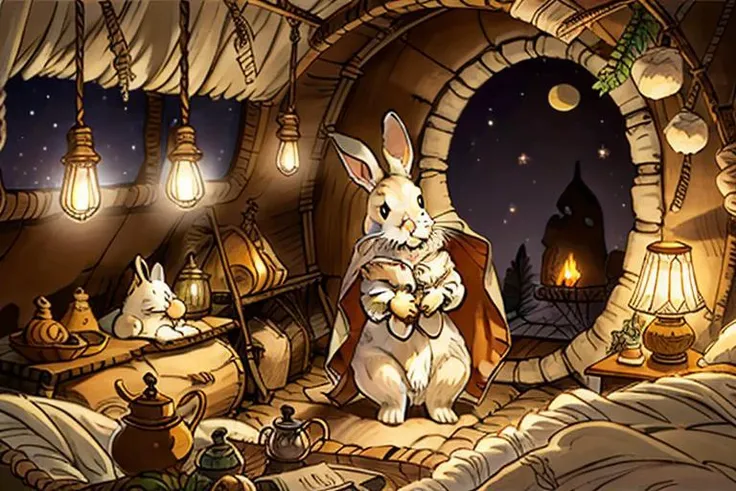 An children's book of a cozy bedroom scene inside a rabbit hole. The room is warm and inviting, with soft lighting from a glowing lamp casting a warm glow. The walls of the rabbit hole are lined with soft moss and there are shelves filled with books and trinkets. A fluffy bed made of leaves and twigs is nestled in one corner, adorned with soft blankets and pillows. A cute rabbit is seen getting ready for bed, wearing a tiny nightcap and holding a toothbrush in one paw, ready to brush its teeth. The rabbit has a contented expression on its face, conveying a sense of peace and comfort as it prepares for a good night's sleep. <lora:valerianLaureline_valerianLaureline:0.6>