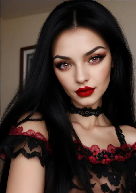 beautiful Serbian woman, long black hair, brown eyes, mascara, eyelashes, red lips, black pink lace top, posing