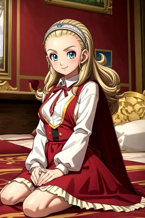 DQ10 anlucea, long hair, curly hair, blonde hair, blue eyes, forehead, hairband, <lora:DQ10_anlucea_ep15:0.7>,medium (small breasts), <lora:anmnr01:0.17>, beautiful, masterpiece, 8K resolution, extremely detailed face, 1girl, Beautiful girl, adult girl, 20 years old, eye highlights,looking at viewer, smile, blush, BREAK sitting, (wariza), (hands together:1.2), BREAK anime background, Indoor, Sweet Room, Gothic, Western, <lora:flat2-dim1:-0.5>