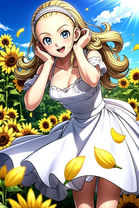 DQ10 anlucea, long hair, curly hair, blonde hair, blue eyes, forehead, hairband, <lora:DQ10_anlucea_ep15:0.7>, BREAK (small breasts), anmnr, <lora:anmnr01:0.17>, (wearing white dress), white dress, beautiful, masterpiece, 8K resolution, extremely detailed face, 1girl, Beautiful girl, adult girl, 20 years old, eye highlights, cowboy shot, looking at viewer, smile, open mouth, blush, BREAK (leaning forward:1.2), (fixing hair:1.2), windy, wind lift, floating hair, petals dance, BREAK anime background, outdoors, Sunflower field, blue sky, gentle sunlight, (petals dance, dancing petals, yellow petals), white clouds,<lora:flat2-dim1:-0.5>
