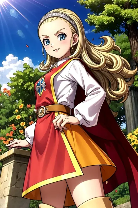 DQ10 anlucea, long hair, curly hair, blonde hair, blue eyes, forehead, hairband, DQ10 costume, red cape, long sleeves, orange skirt, boots, <lora:DQ10_anlucea_ep15:0.7>, BREAK (small breasts), anmnr, <lora:anmnr01:0.17>, beautiful, masterpiece, 8K resolution, extremely detailed face, 1girl, Beautiful girl, adult girl, 20 years old, eye highlights, cowboy shot, (from below), looking at viewer, smile, parted lips, blush, BREAK (leaning forward:1.2), hand on hip, windy, petals dance, wind lift, BREAK anime background, outdoors, in forest, flower garden, gentle sunlight, <lora:flat2-dim1:-0.5>