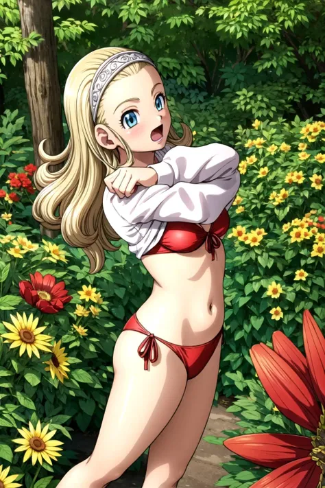 DQ10 anlucea, long hair, curly hair, blonde hair, blue eyes, forehead, hairband, <lora:MGCM_anlucea_ep15_v2:0.7>,  BREAK (small ), anmnr, <lora:anmnr01:0.17>, barefoot, (wearing side-tie red  bottom), (red ), beautiful, masterpiece, 8K resolution, extremely detailed face, 1girl, Beautiful girl, adult girl, 20 years old, eye highlights, BREAK , clothes lift, <lora:Pose_ClothesLift:1>, white shirt, long sleeves, from above, looking at viewer, surprise, embarrassed, open mouth, blush, BREAK anime background, outdoors, in forest, flower garden, gentle sunlight, grassland, (bushes in front), <lora:flat2-dim1:-0.5>