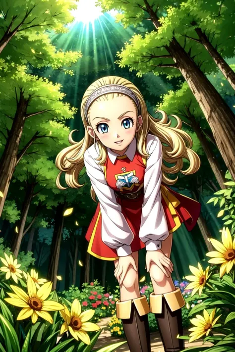 DQ10 anlucea, long hair, curly hair, blonde hair, blue eyes, forehead, hairband, DQ10 costume, cape, long sleeves, skirt, boots, <lora:MGCM_anlucea_ep15_v2:0.7>, BREAK medium breasts, anmnr, <lora:anmnr01:0.17>, beautiful, masterpiece, 8K resolution, extremely detailed face, 1girl, Beautiful woman, 20 years old, eye highlights, cowboy shot, (from below), looking at viewer, smile, parted lips, blush, BREAK (leaning forward:1.2), hand on hip, windy, petals dance, wind lift, BREAK anime background, outdoors, in forest, flower garden, gentle sunlight, <lora:flat2-dim1:-0.5>