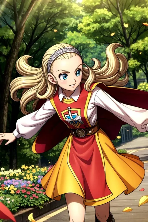 DQ10 anlucea, long hair, curly hair, blonde hair, blue eyes, forehead, hairband, DQ10 costume, red cape, long sleeves, orange skirt, boots, <lora:DQ10_anlucea_ep15:0.7>,  BREAK (small breasts), anmnr, <lora:anmnr01:0.27>, beautiful, masterpiece, 8K resolution, extremely detailed face, 1girl, Beautiful girl, adult girl, 20 years old, eye highlights, looking away, smile, parted lips, blush, BREAK (running:1.1), dynamic, vigorous movement, windy, petals dance, BREAK anime background, outdoors, in forest, flower garden, gentle sunlight, <lora:flat2-dim1:-0.5>