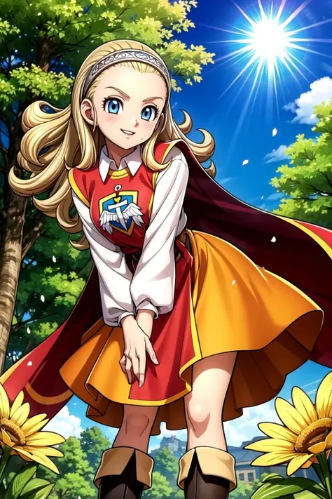 DQ10 anlucea, long hair, curly hair, blonde hair, blue eyes, forehead, hairband, DQ10 costume, red cape, long sleeves, orange skirt, boots, <lora:MGCM_anlucea_ep15_v2:0.7>, BREAK medium breasts, anmnr, <lora:anmnr01:0.17>, beautiful, masterpiece, 8K resolution, extremely detailed face, 1girl, Beautiful woman, 20 years old, eye highlights, cowboy shot, (from below), looking at viewer, smile, parted lips, blush, BREAK (leaning forward:1.2), hand on hip, windy, petals dance, wind lift, BREAK anime background, outdoors, in forest, flower garden, gentle sunlight, <lora:flat2-dim1:-0.5>