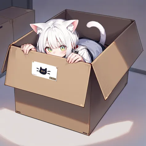 best quality, masterpiece, score_9, score_8_up, score_7_up, rating_safe, source_anime,
1girl, solo, adult, catgirl, cat ears, nekomimi, inside box, peeking, cardboard box, hiding, cat tail, cat tail from inside the box, white hair, white ears, white tail, tail inside box, tail up, raised tail,
simple background, empty background, photoshoot,