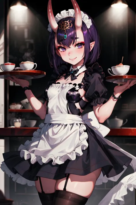 masterpiece,best quality,1girl,shuten douji,maid,headpiece,detached collar,bowtie,puffy sleeves,black dress,wrist cuffs,maid apron,garter straps,black thighhighs,naughty smile,standing,holding tray,cafe,<lora:ShutenDoujiV11:0.8>,