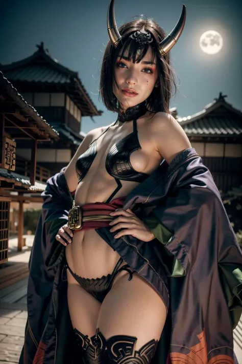(realistic:1.3), finely detailed, quality, rembrandt lighting, (masterpiece:1.2), (photorealistic:1.2), (best quality), (detailed skin:1.3), (intricate details), dramatic, ray tracing, 1girl, 21 years old, detailed skin texture, (blush:0.5), (goosebumps:0.5), subsurface scattering, smiling, medium breasts, short hair, bangs, hair between eyes, horns, shuten douji, headpiece, revealing clothes, purple kimono, open kimono, off shoulder, obi, revealing clothes, bridal gauntlets, obi, knee pads, hands on hips, cowboy shot, moon, night sky, <lora:ShutenDoujiV11:1>
