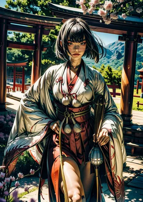 extremely detailed CG unity 8k wallpaper,Realistic, Photorealistic, cowboy shot, masterpiece, absurdres, (colorful), (face focus), 1girl, solo, <lora:ShutenDoujiV11-000003:0.8>,outdoors, morning, japanese shrine,( haft body), shuten douji,  shrine maiden, miko clothes, white chihaya, (red long hakama), nature, mountain, beauty, cute, red torii gate, clear sky, relaxing, comfortable, warming, (spring flowers:1.1),<lora:WarmLight:1> <lora:mikoClothes_v10:0.4>  <lora:FujifilmFujichromeProvia400X:1>