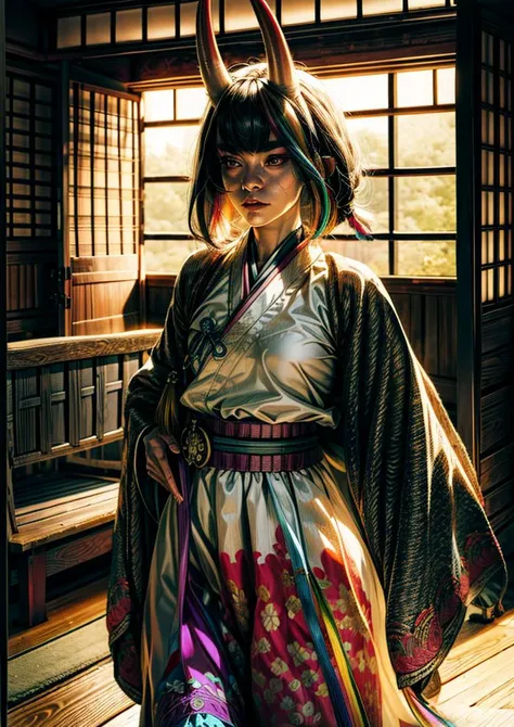 extremely detailed CG unity 8k wallpaper,Realistic, Photorealistic, cowboy shot, masterpiece, absurdres, (colorful),face focus , 1girl, solo, <lora:ShutenDoujiV11-000003:0.8>,indoor, japanese shrine, haft body, shuten douji, hanbok, walking,,<lora:WarmLight:1> <lora:FujifilmFujichromeProvia400X:1><lora:femaleNobleClassHanbok_v06:0.5>