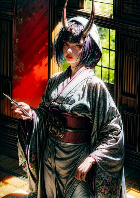 masterpiece, highest quality, lens flare, shade, bloom, [[chromatic aberration]], by Jeremy Lipking, by Antonio J. Manzanedo, digital paintin, perfect face, beautiful face, big eyes, puffy eyes, red eyes, perfect eyes, eyelashes, lips,(backlighting),skirtlift, absurdres, 1girl,shuten, pov, intricate, masterpiece, absurdres, best quality, ((oni horns)), short hair, purple hair, purple eyes, small breasts, full body, standing,( uchikake, , hood, indoors, cowboy shot, obi, sash),, <lora:kimonoClothes_v10:1>, <lora:ShutenDoujiV11-000003:0.8><lora:WarmLight:1><lora:FujifilmFujichromeProvia400X:1>