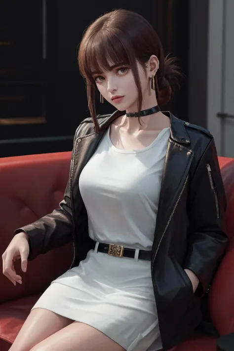 masterpiece, best quality, highres, 1girl folded ponytail earrings, black choker black jacket white shirt belt white dress skirt <lora:tayama_yamada:1> sitting, photorealistic
