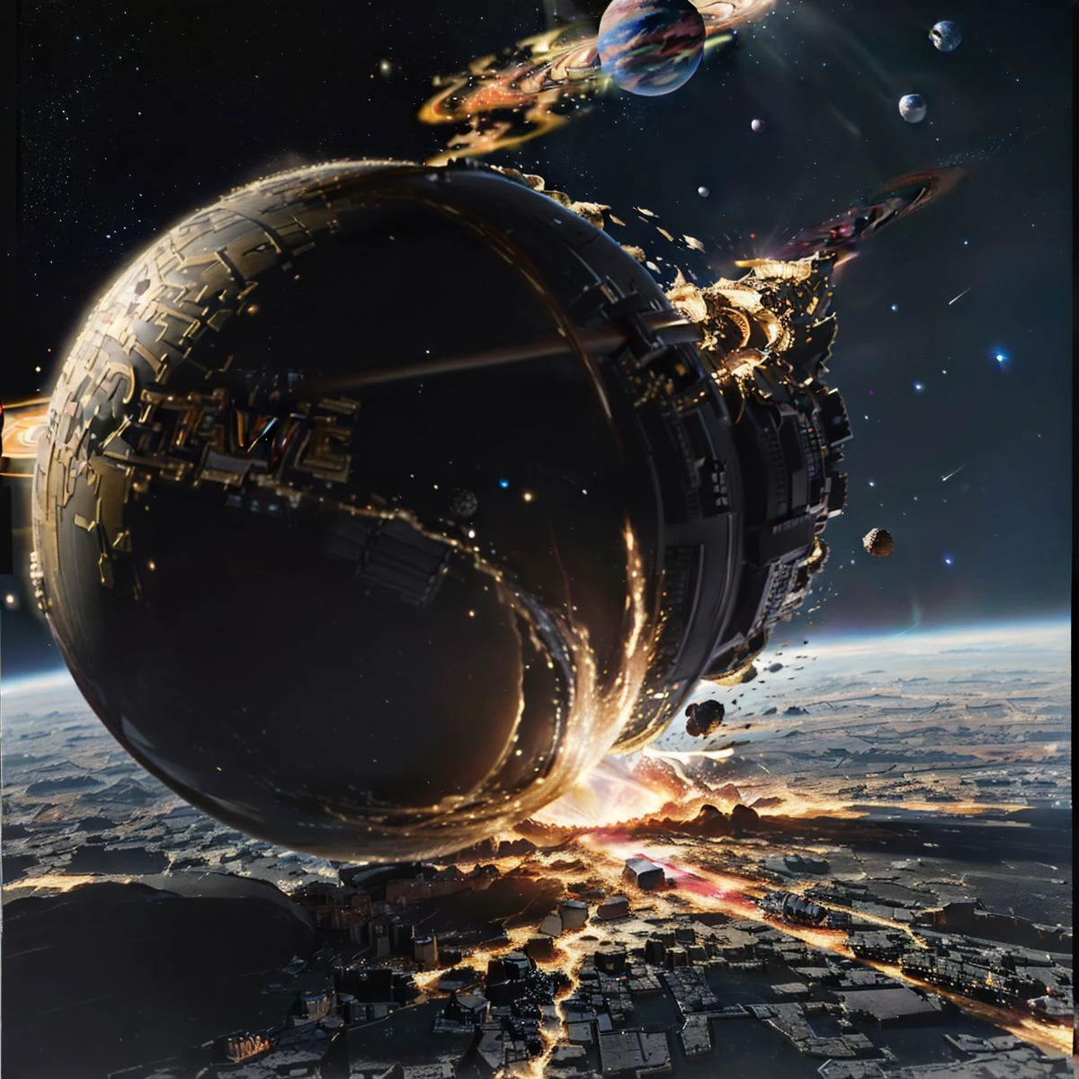 <lora:ohmazio:0.7>, (dynamic pose), (level difference:1.8),(Planets colliding and crossing on the canvas),(depth of field), 1man, (OhmaZio) into it, looking at the viewers, thick flying,(planets falling:1.3),planets state, stunningly beautiful, masterpiece, detailed background, ultra high quality model, ethereal background, abstract beauty, explosive volumetric, oil painting,heavy strokes,Romantic lighting,Sub-Surface Scatterring,lens 135mm,f1.8,glow,8k,high resolution, dreamy,ray tracing,hdr,god rays,