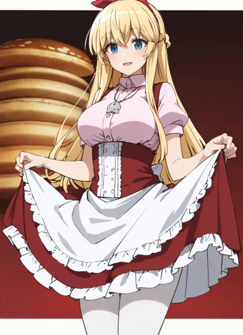 emilyho, 1girl, solo, bow hairband, necklace, waitress, red dress, pink shirt, waist apron, white pantyhose, smile, curtsey, standing, skirt hold, cowboy shot, abstract background, (pancakes) <lora:emilyho_V2-09:0.7>