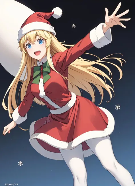 emilyho, 1girl, solo, santa hat, santa outfit, smile, open mouth, white pantyhose <lora:emilyho_V2-09:0.7>