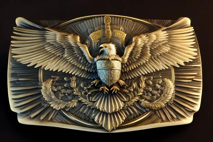 detailed klamra brass relief of eagle and forest on shield, studio lighting, black background <lora:Klamra:1> <lora:add_detail:1>