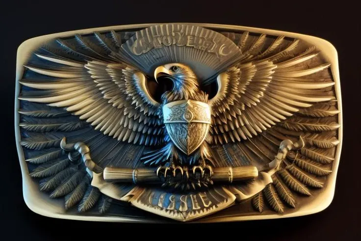 detailed klamra brass relief of eagle and forest on shield, studio lighting, black background <lora:Klamra:1> <lora:add_detail:1>