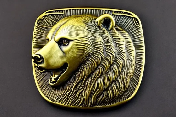 detailed klamra brass relief of angry bear head open mouth on shield, studio lighting, black background <lora:Klamra:1> <lora:add_detail:1>