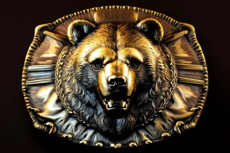 detailed klamra brass relief of angry bear head open mouth on shield, studio lighting, black background <lora:Klamra:1> <lora:add_detail:1>