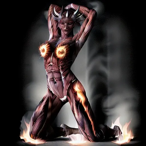 <lora:skinl2:1.0> a (devil:0.7) in hell at (night:1.3) with (black burning horns in fire:1.4) , woman, skinless , (black eyes:1.2), naked, full body, everything is on fire, realistic, detailed, 8k