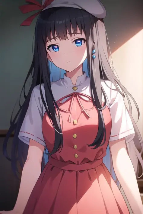 kisarahimeno, <lyco:kisarahimeno-lyco-nochekaiser:1>,
kisara himeno, long hair, black hair, blue eyes,
BREAK hat, dress, pink dress, ribbons, red ribbon, short sleeves,
BREAK looking at viewer,
BREAK indoors,
BREAK <lora:GoodHands-vanilla:1>, (masterpiece:1.2), best quality, high resolution, unity 8k wallpaper, (illustration:0.8), (beautiful detailed eyes:1.6), extremely detailed face, perfect lighting, extremely detailed CG, (perfect hands, perfect anatomy),