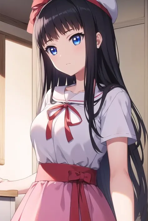 kisarahimeno, <lyco:kisarahimeno-lyco-nochekaiser:1>,
kisara himeno, long hair, black hair, blue eyes,
BREAK hat, dress, pink dress, ribbons, red ribbon, short sleeves,
BREAK looking at viewer,
BREAK indoors,
BREAK <lora:GoodHands-vanilla:1>, (masterpiece:1.2), best quality, high resolution, unity 8k wallpaper, (illustration:0.8), (beautiful detailed eyes:1.6), extremely detailed face, perfect lighting, extremely detailed CG, (perfect hands, perfect anatomy),