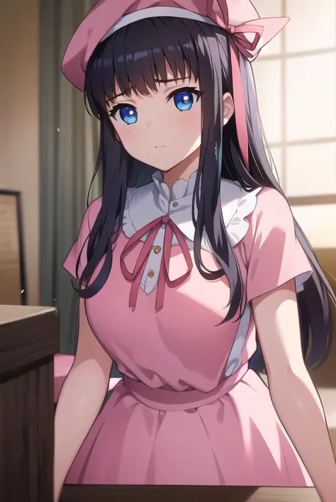 kisarahimeno, <lyco:kisarahimeno-lyco-nochekaiser:1>,
kisara himeno, long hair, black hair, blue eyes,
BREAK hat, dress, pink dress, ribbons, red ribbon, short sleeves,
BREAK looking at viewer,
BREAK indoors,
BREAK <lora:GoodHands-vanilla:1>, (masterpiece:1.2), best quality, high resolution, unity 8k wallpaper, (illustration:0.8), (beautiful detailed eyes:1.6), extremely detailed face, perfect lighting, extremely detailed CG, (perfect hands, perfect anatomy),