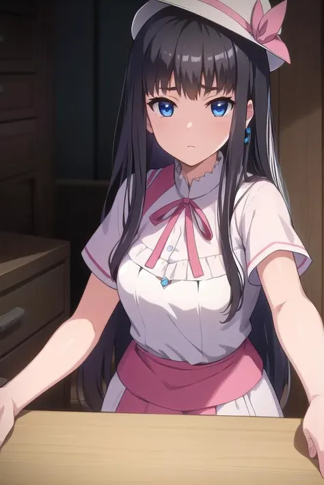 kisarahimeno, <lyco:kisarahimeno-lyco-nochekaiser:1>,
kisara himeno, long hair, black hair, blue eyes,
BREAK hat, dress, pink dress, ribbons, red ribbon, short sleeves,
BREAK looking at viewer,
BREAK indoors,
BREAK <lora:GoodHands-vanilla:1>, (masterpiece:1.2), best quality, high resolution, unity 8k wallpaper, (illustration:0.8), (beautiful detailed eyes:1.6), extremely detailed face, perfect lighting, extremely detailed CG, (perfect hands, perfect anatomy),