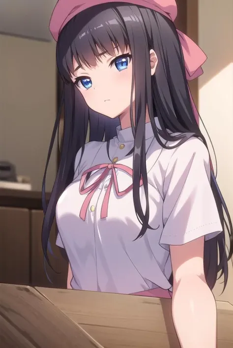 kisarahimeno, <lyco:kisarahimeno-lyco-nochekaiser:1>,
kisara himeno, long hair, black hair, blue eyes,
BREAK hat, dress, pink dress, ribbons, red ribbon, short sleeves,
BREAK looking at viewer,
BREAK indoors,
BREAK <lora:GoodHands-vanilla:1>, (masterpiece:1.2), best quality, high resolution, unity 8k wallpaper, (illustration:0.8), (beautiful detailed eyes:1.6), extremely detailed face, perfect lighting, extremely detailed CG, (perfect hands, perfect anatomy),